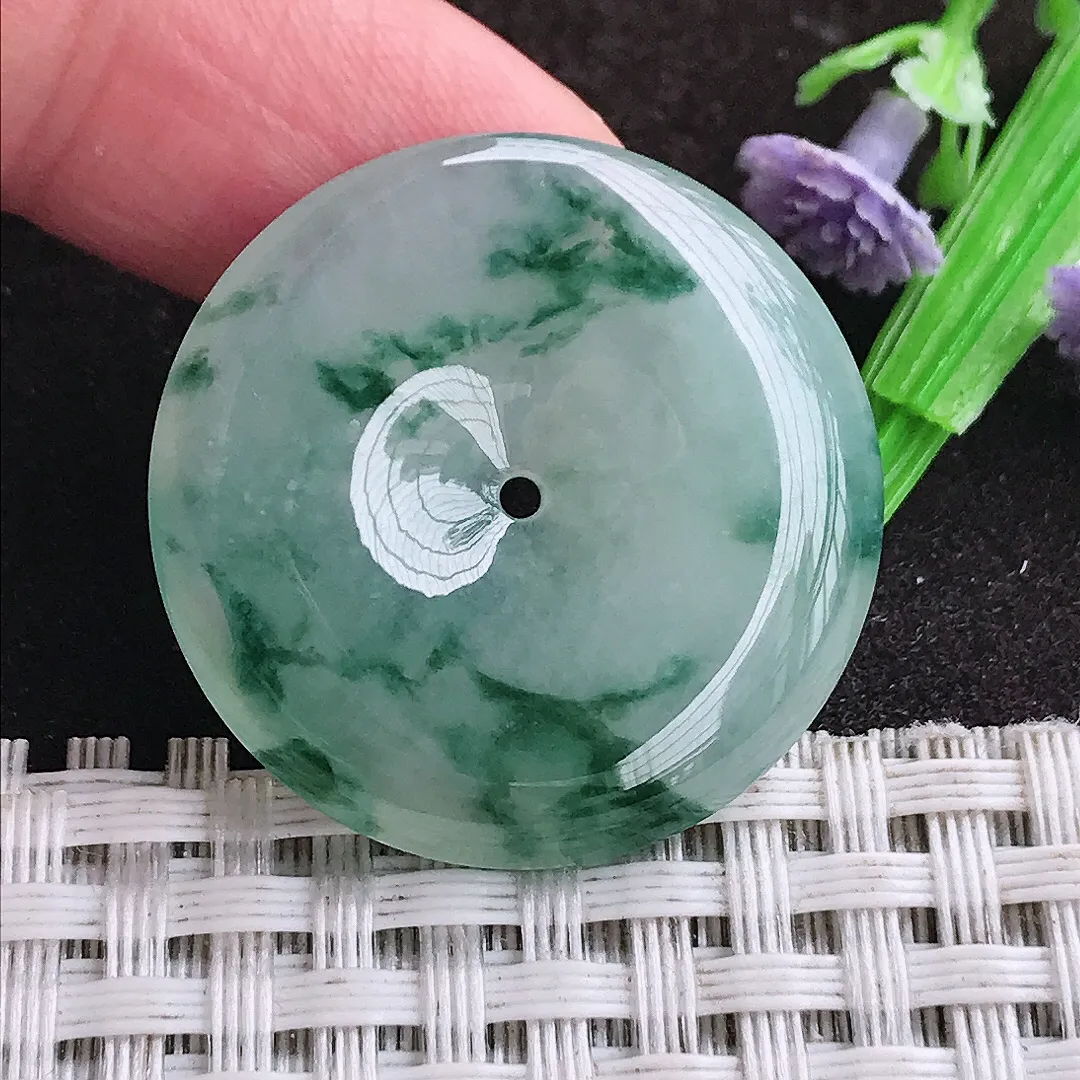 天然a货翡翠29.4/5.5老坑冰胶水灵飘花平安扣吊坠翡翠玉扣挂件百搭