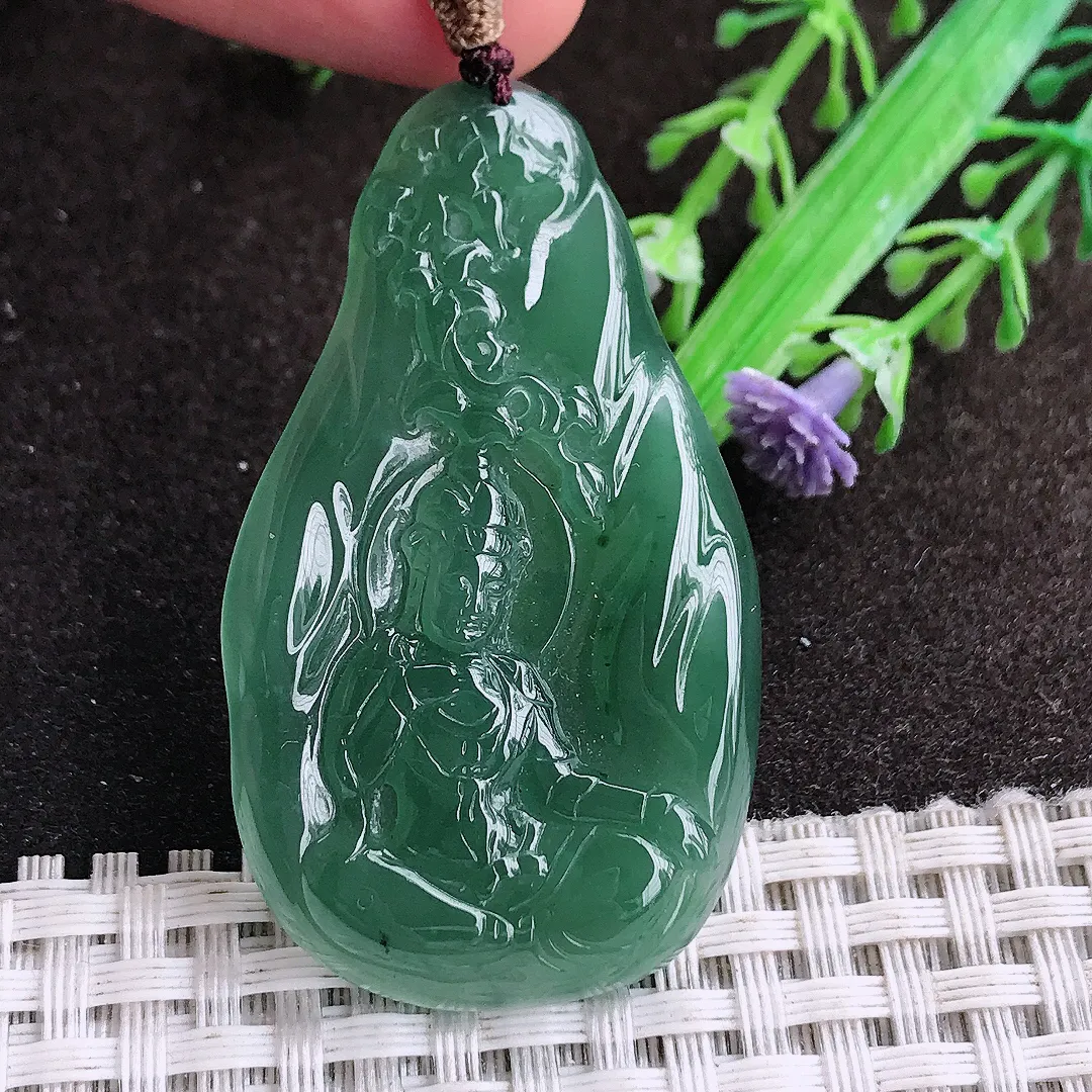 天然a货翡翠50/29.5/4.8老坑冰胶水灵满色蓝韵赐福观音吊坠翡翠玉坠挂件百搭