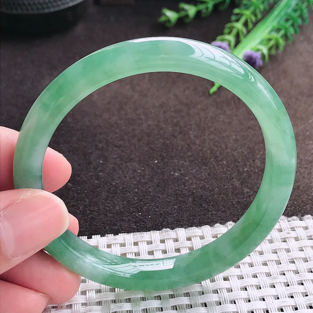 天然a货翡翠58.8/9.2/7.5老坑冰胶果冻冰晴满绿手镯宽边翡翠玉镯美人镯