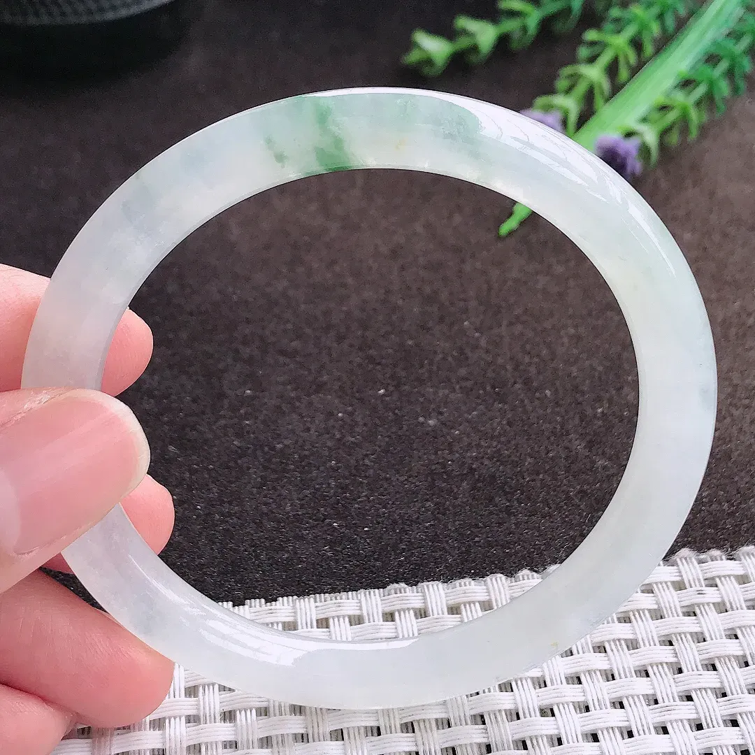 天然a货翡翠58.5/7.2/8老坑冰透起胶飘花圆条手镯翡翠玉镯美人镯