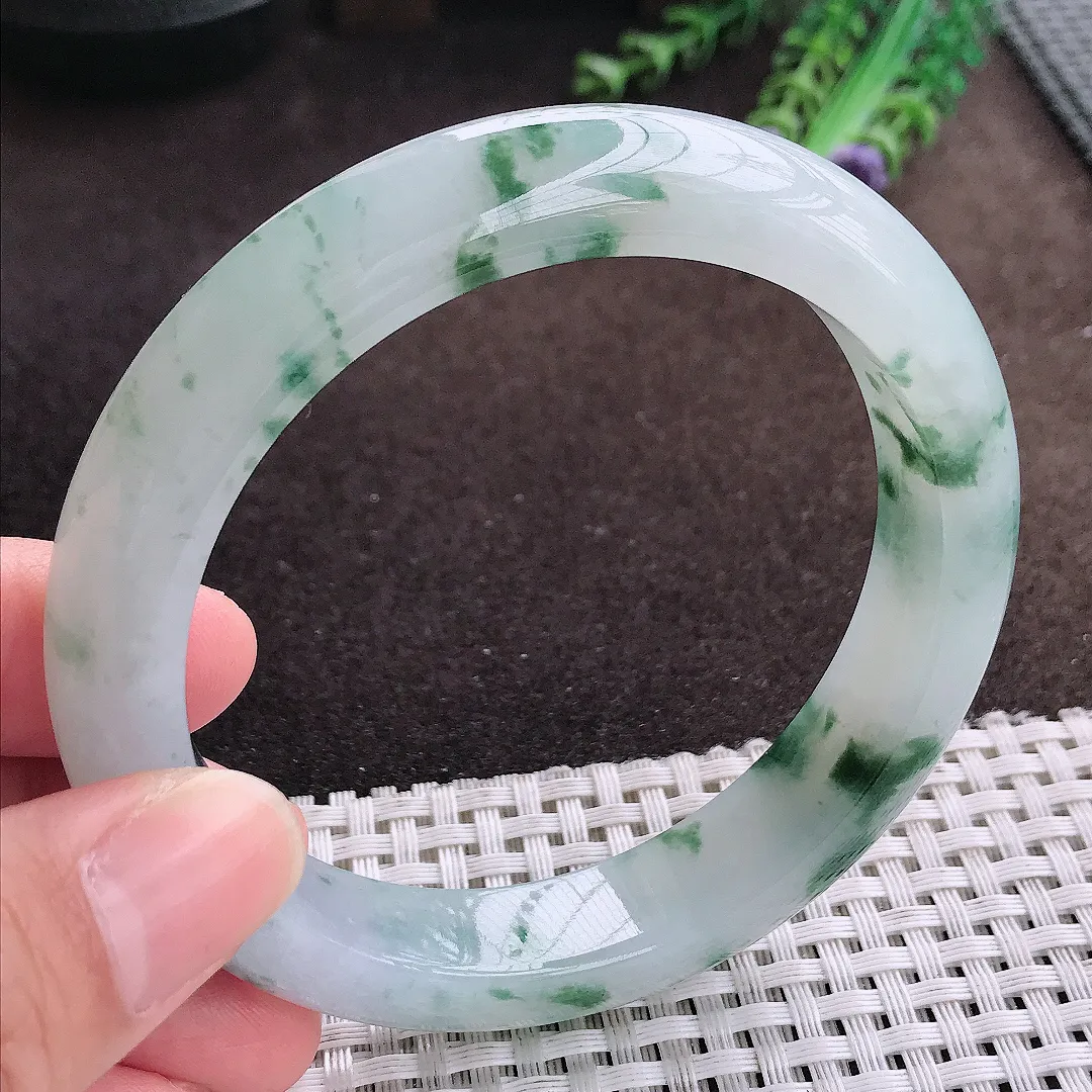 天然a货翡翠61.5/12.8/9.3老坑冰胶果冻飘花手镯大圈口宽边翡翠玉镯