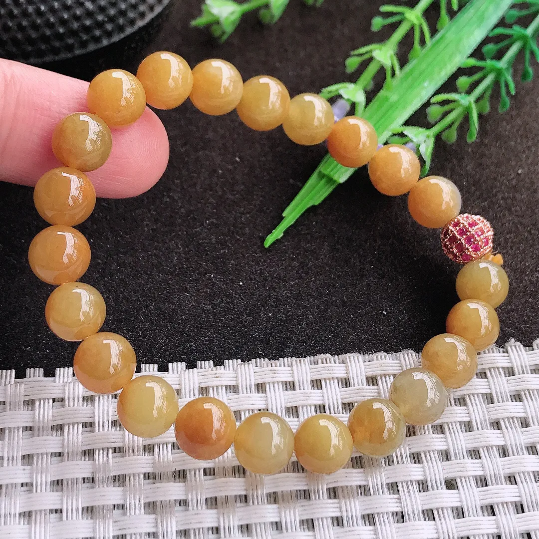 天然a货翡翠8/22颗老坑精美冰润辣色鸡油黄黄翡圆珠手链玉珠手串