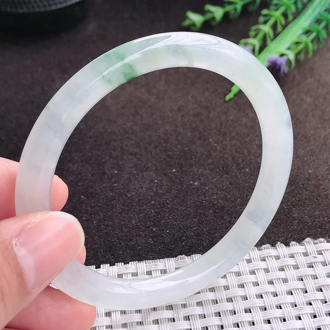 天然a货翡翠58.5/7.2/8老坑冰透起胶飘花圆条手镯翡翠玉镯美人镯