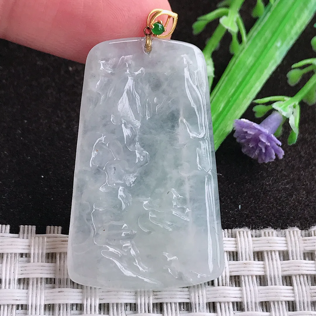 天然a货翡翠38.8/24.3/3.8老坑18k金镶嵌冰透山水牌吊坠翡翠玉坠挂件百搭