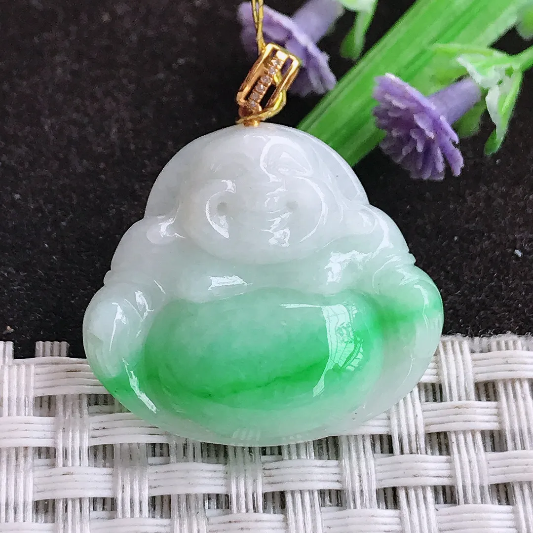 天然a货翡翠24/26.7/5.8老坑18k金镶嵌温润飘阳绿佛公吊坠翡翠玉坠挂件百搭