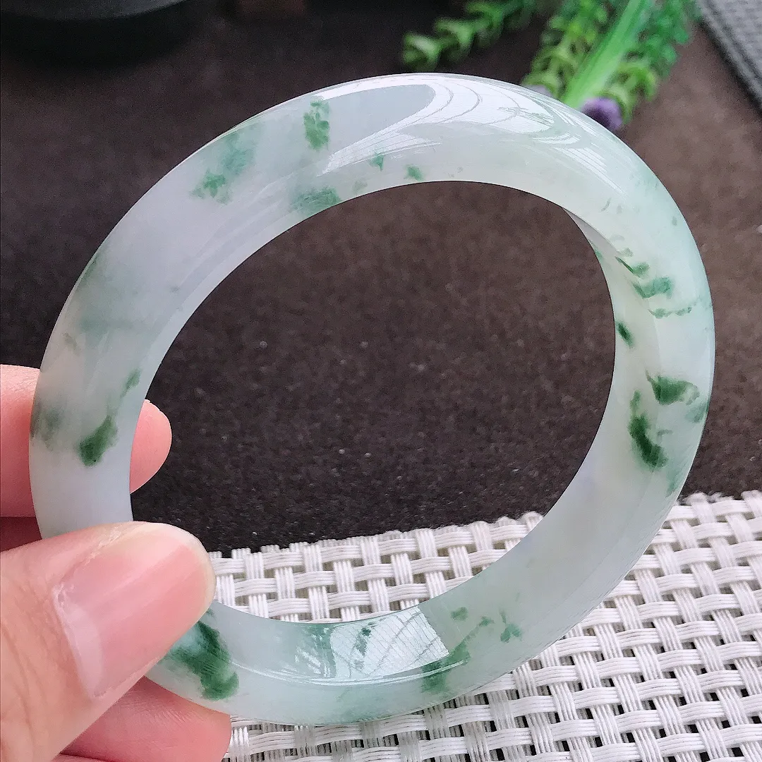 天然a货翡翠61.5/12.8/9.3老坑冰胶果冻飘花手镯大圈口宽边翡翠玉镯