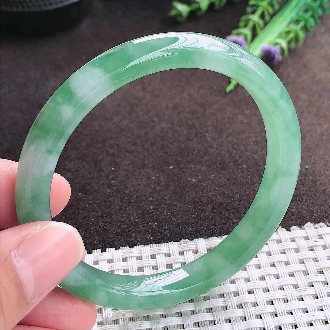 天然a货翡翠58.8/9.2/7.5老坑冰胶果冻冰晴满绿手镯宽边翡翠玉镯美人镯