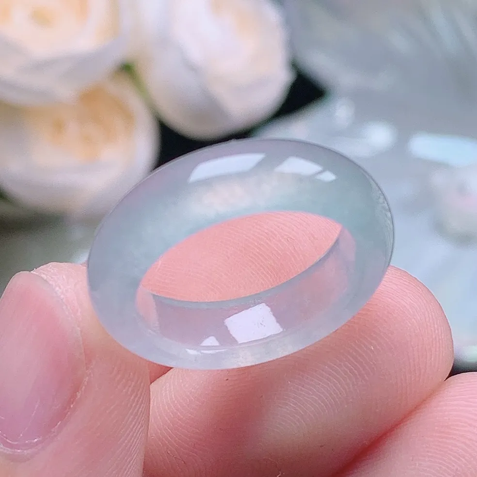 缅甸老坑冰种水润起胶白月光戒指玉指环  水润通透 尺寸：16.4-5.7-3.6mm 12号圈口2S