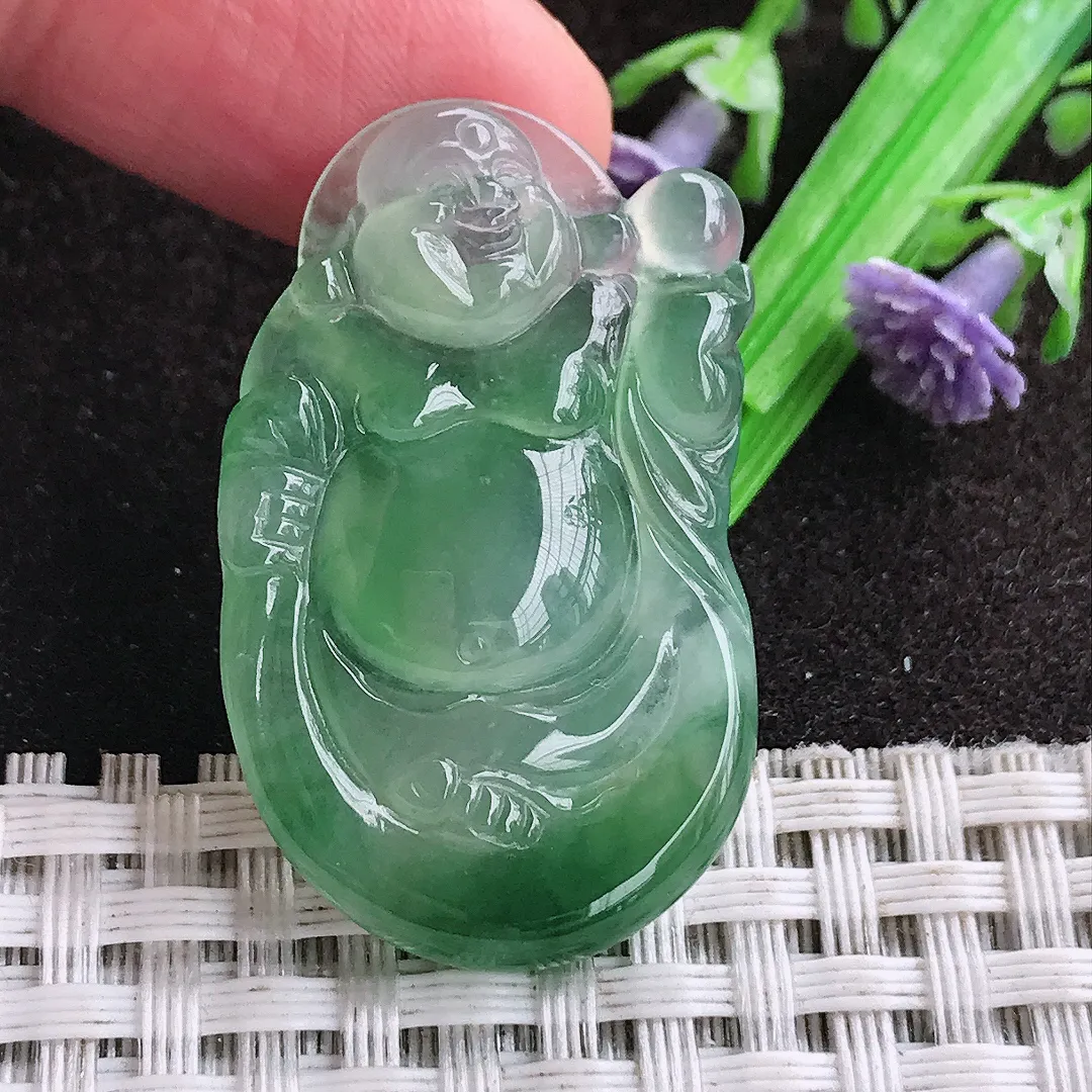 天然a货翡翠36.8/22.5/5.4老坑冰种果冻胶满绿布袋佛吊坠翡翠玉坠挂件百搭