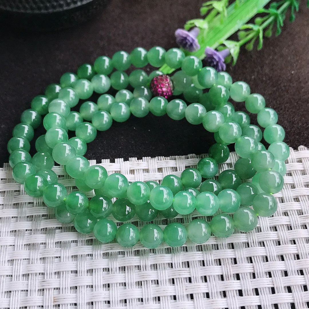 天然a货翡翠6.3/108颗老坑冰胶果冻满绿圆珠项链玉珠珠链
