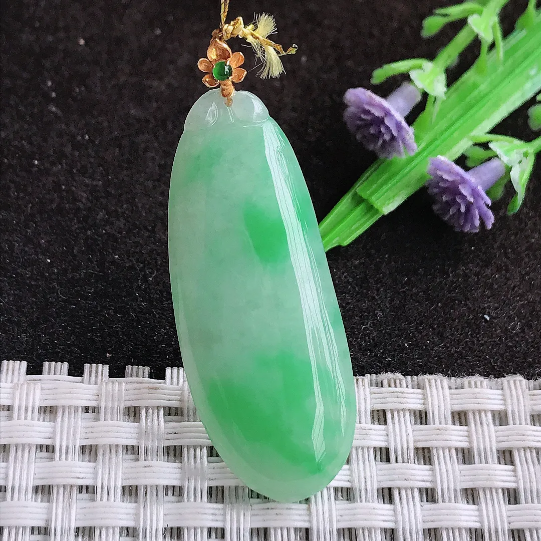 天然a货翡翠39.5/15.8/4.5老坑18k金镶嵌飘阳绿福瓜吊坠翡翠玉坠挂件百搭