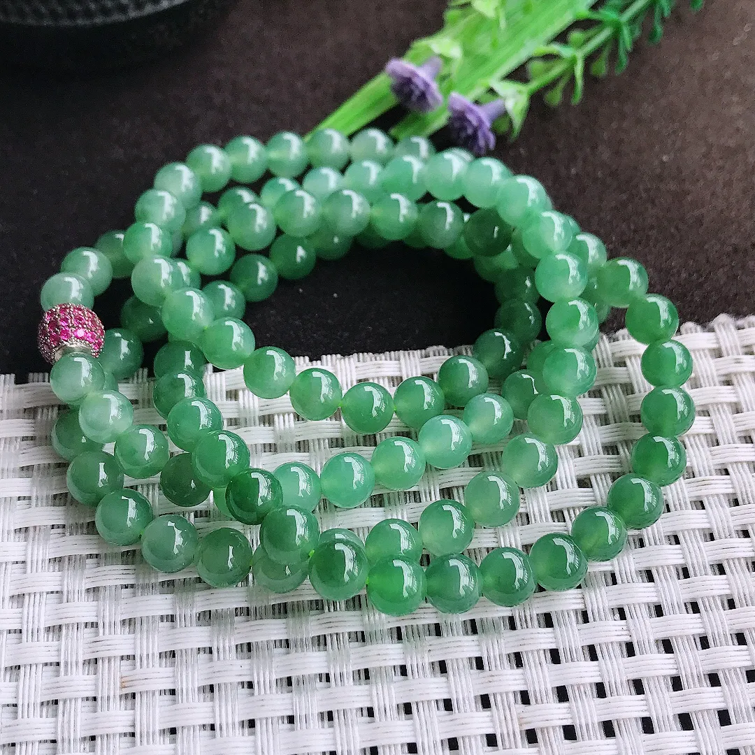 天然a货翡翠6.3/108颗老坑冰胶果冻满绿圆珠项链玉珠珠链