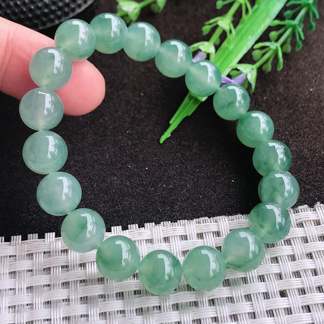 天然a货翡翠9.9/19颗颗老坑冰种果冻胶冰晴满绿圆珠手链玉珠手串