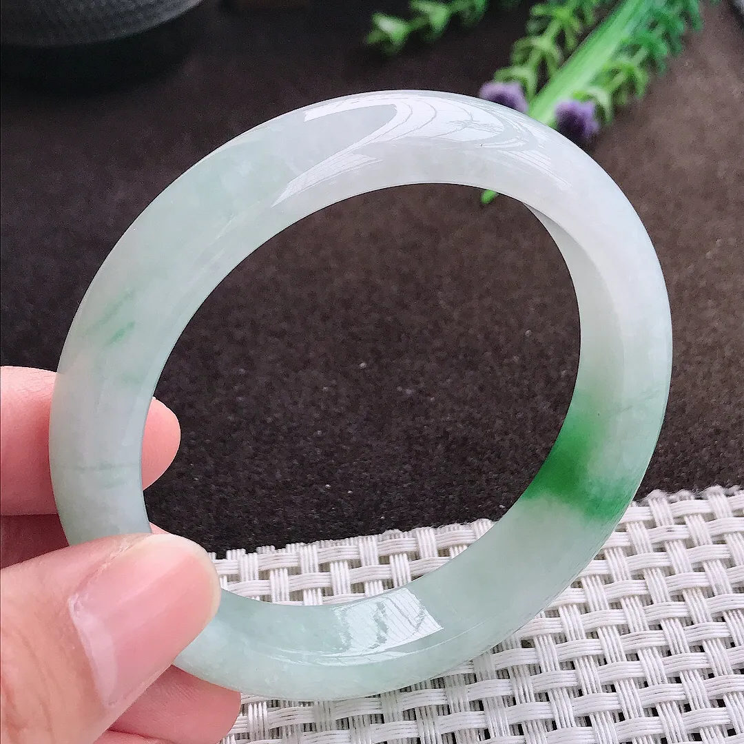 天然a货翡翠58/13/8.6老坑冰胶水灵飘绿手镯宽边翡翠玉镯美人镯