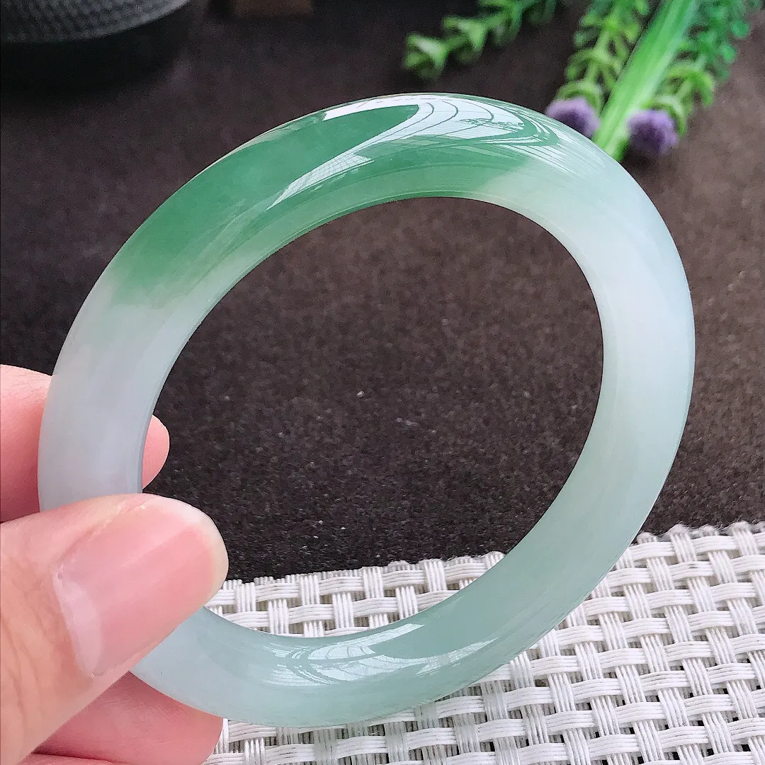 自然光55/10.3/10老坑冰胶果冻半山半水圆条手镯翡翠玉镯美人镯