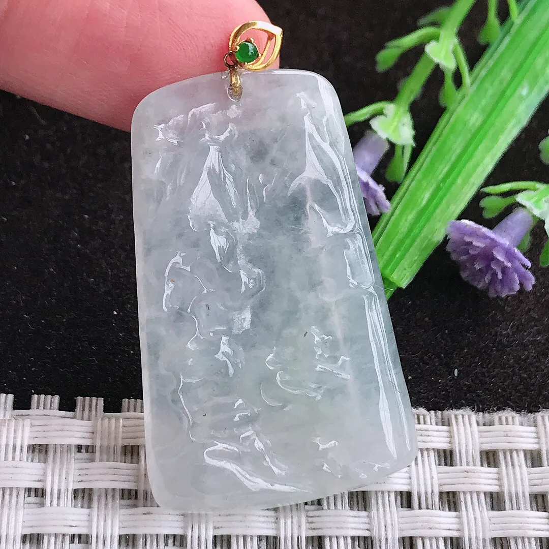 天然a货翡翠38.8/24.3/3.8老坑18k金镶嵌冰透山水牌吊坠翡翠玉坠挂件百搭