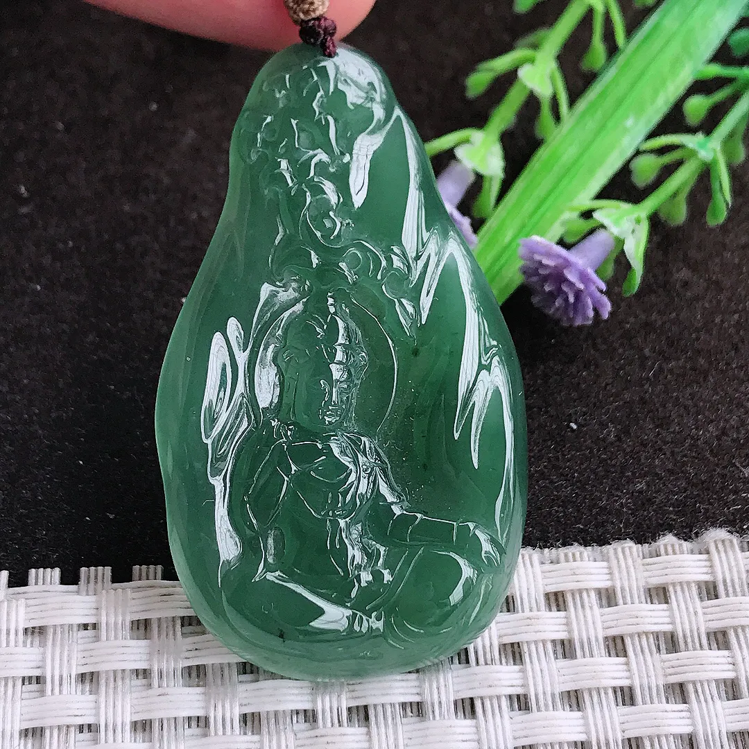 天然a货翡翠50/29.5/4.8老坑冰胶水灵满色蓝韵赐福观音吊坠翡翠玉坠挂件百搭