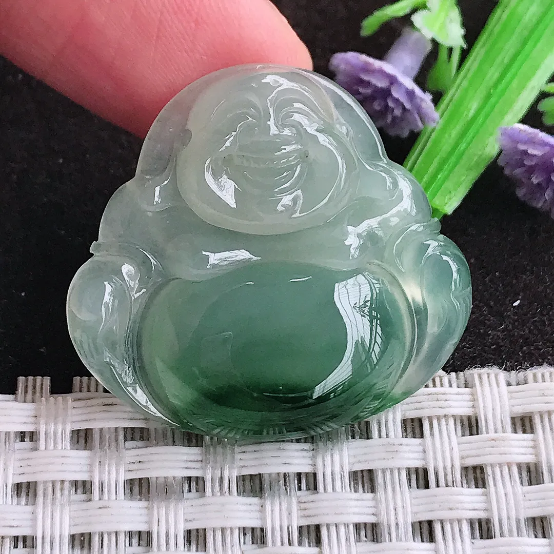 天然a货翡翠28.2/30.3/6老坑冰胶水灵飘花佛公吊坠翡翠玉佛挂件百搭