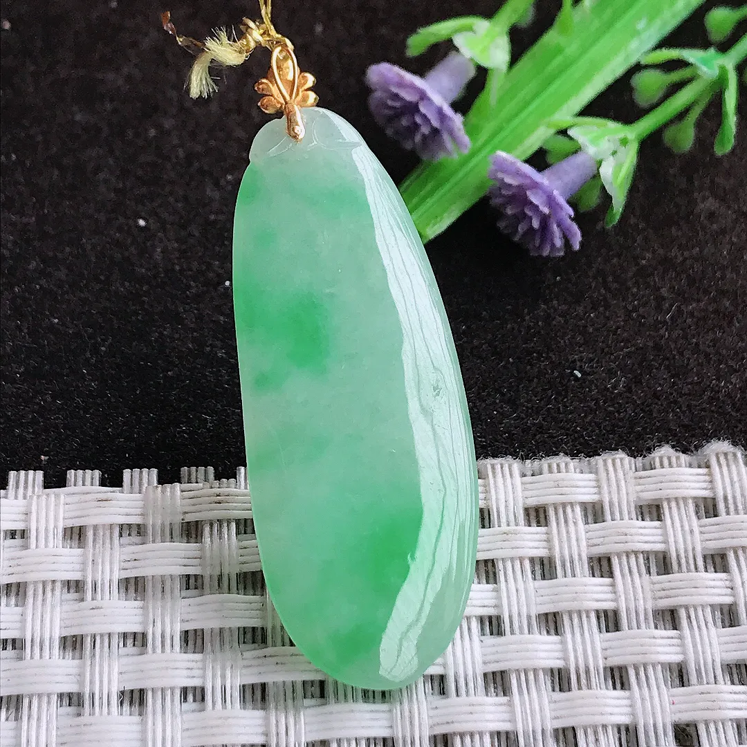 天然a货翡翠39.5/15.8/4.5老坑18k金镶嵌飘阳绿福瓜吊坠翡翠玉坠挂件百搭