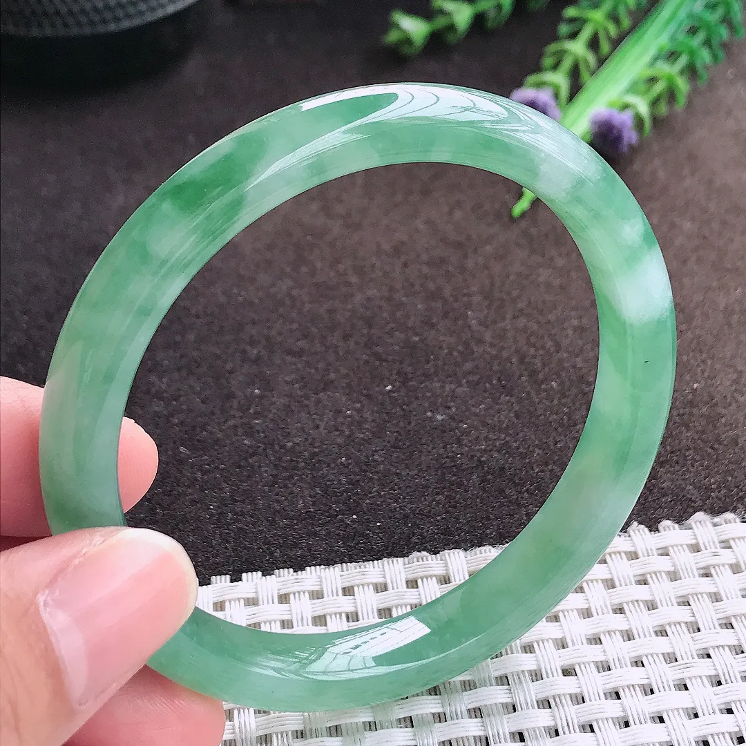 天然a货翡翠58.8/9.2/7.5老坑冰胶果冻冰晴满绿手镯宽边翡翠玉镯美人镯