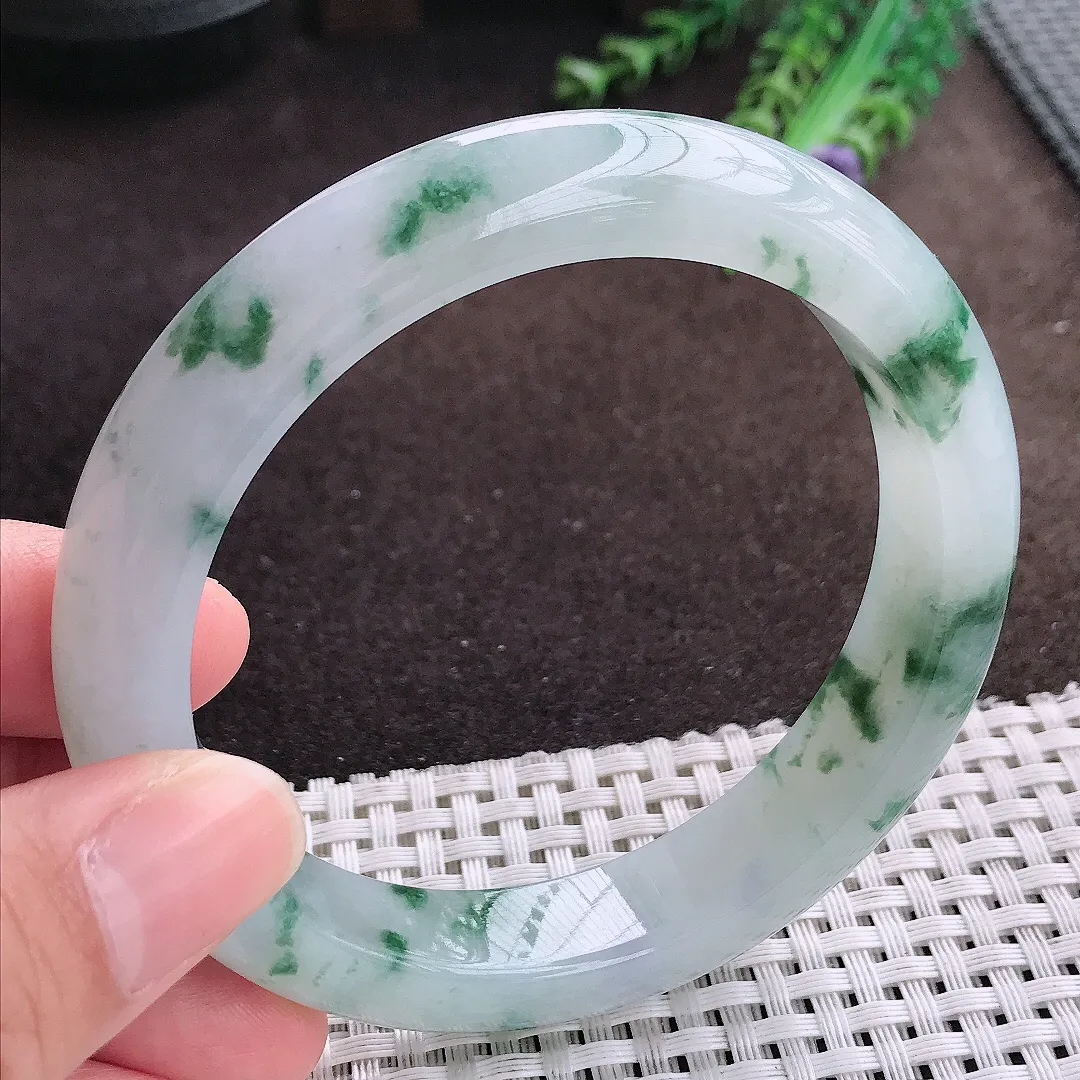 天然a货翡翠61.5/12.8/9.3老坑冰胶果冻飘花手镯大圈口宽边翡翠玉镯