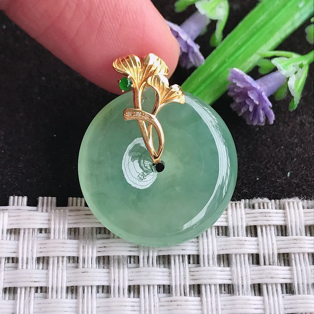 天然a货翡翠21.9/4.5老坑18k金镶嵌冰晴绿平安扣吊坠翡翠玉扣挂件百搭