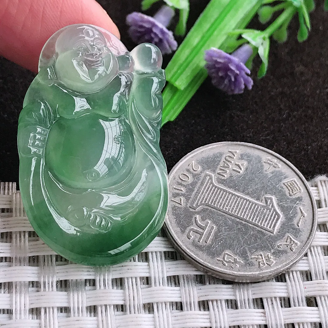 天然a货翡翠36.8/22.5/5.4老坑冰种果冻胶满绿布袋佛吊坠翡翠玉坠挂件百搭