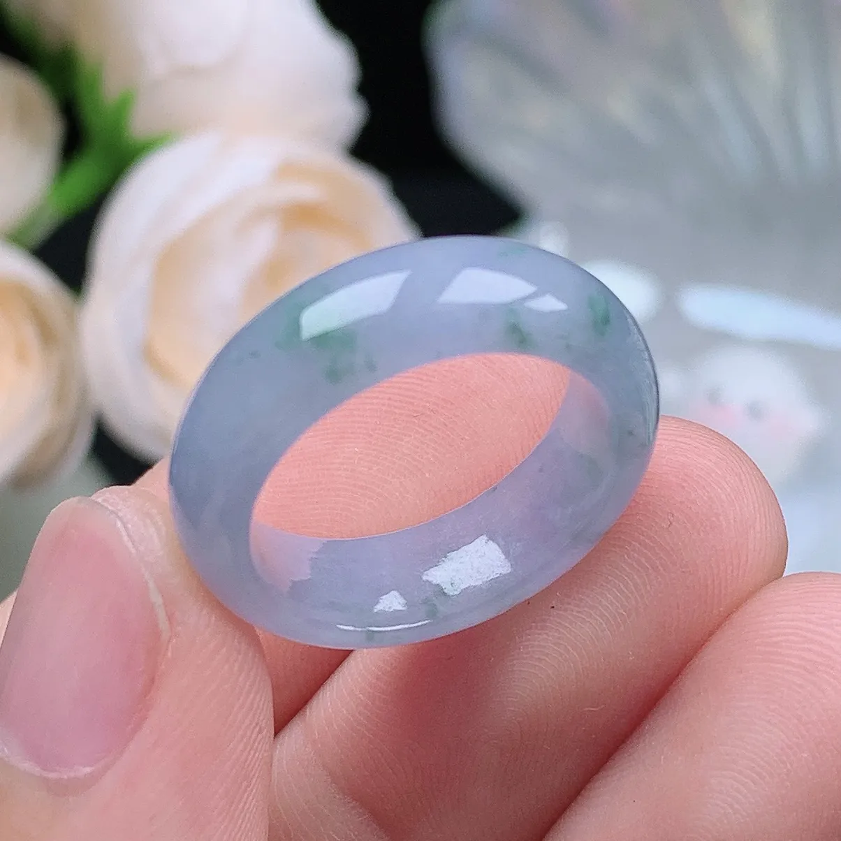 缅甸翡翠老坑种水润起胶紫罗兰飘花戒指玉指环  水润通透 尺寸：17.6-6.7-3.6mm 15-1