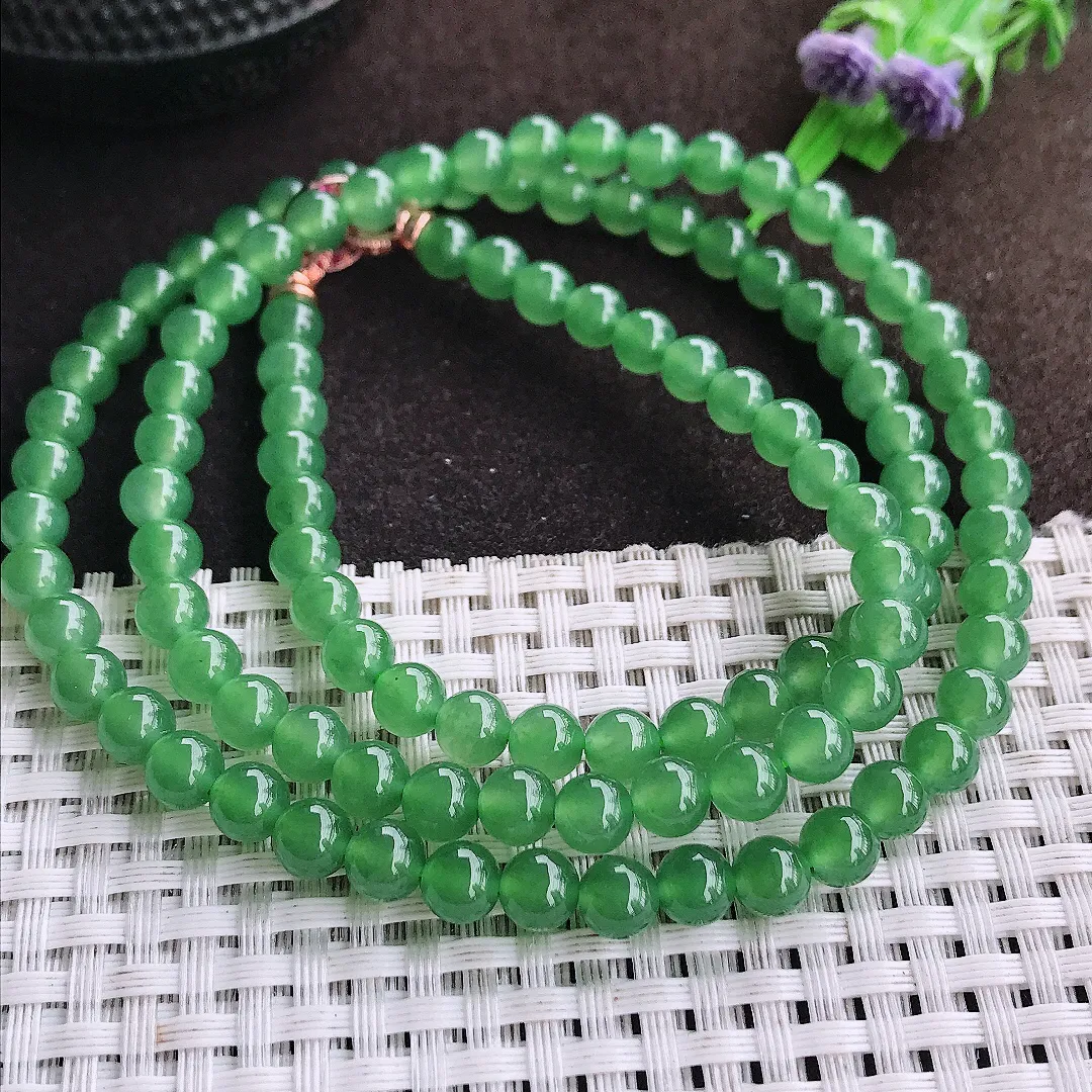天然a货翡翠5.9/108颗老坑冰种果冻胶冰晴阳绿圆珠项链玉珠珠链手链