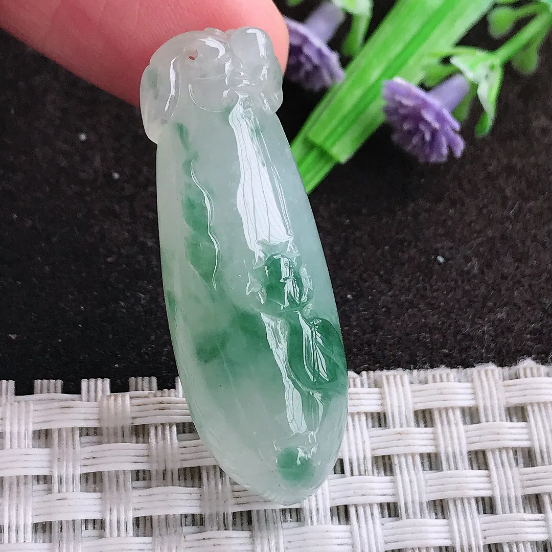 天然a货翡翠39.6/14/9.9老坑冰胶水灵飘花福瓜吊坠翡翠玉坠挂件百搭