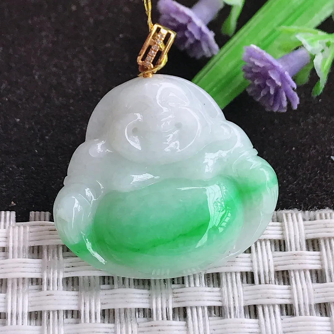 天然a货翡翠24/26.7/5.8老坑18k金镶嵌温润飘阳绿佛公吊坠翡翠玉坠挂件百搭