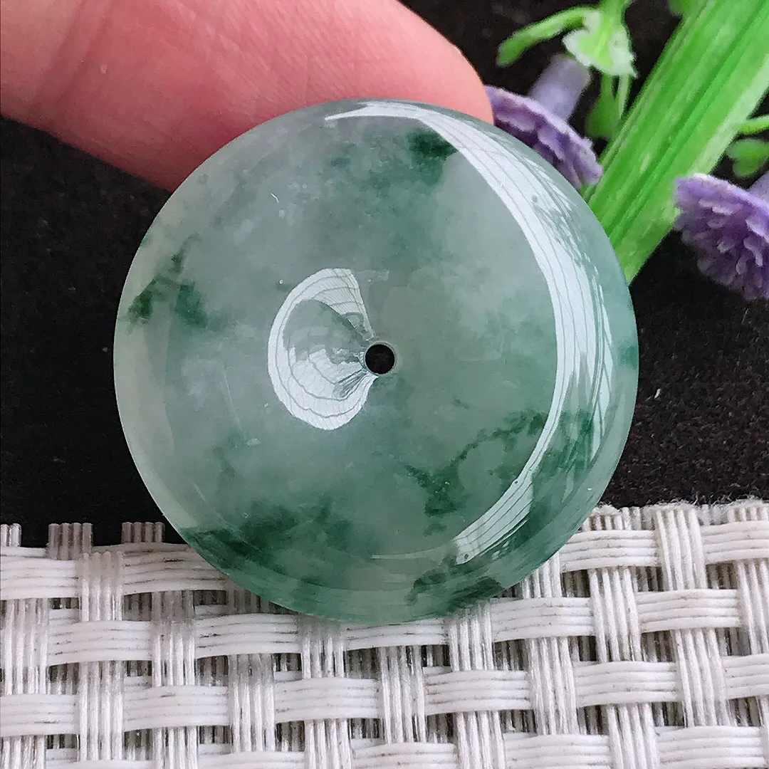 天然a货翡翠29.4/5.5老坑冰胶水灵飘花平安扣吊坠翡翠玉扣挂件百搭