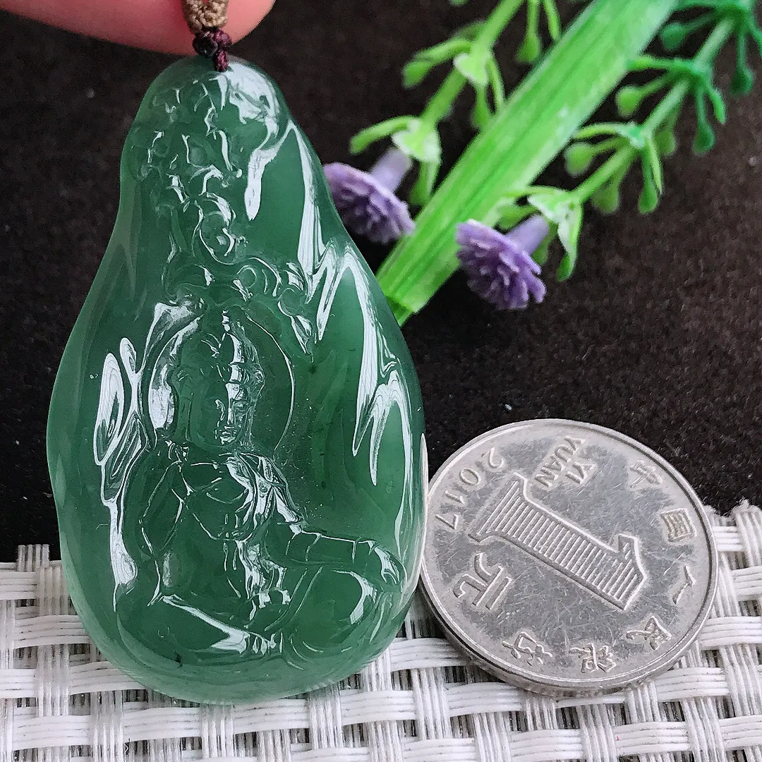 天然a货翡翠50/29.5/4.8老坑冰胶水灵满色蓝韵赐福观音吊坠翡翠玉坠挂件百搭