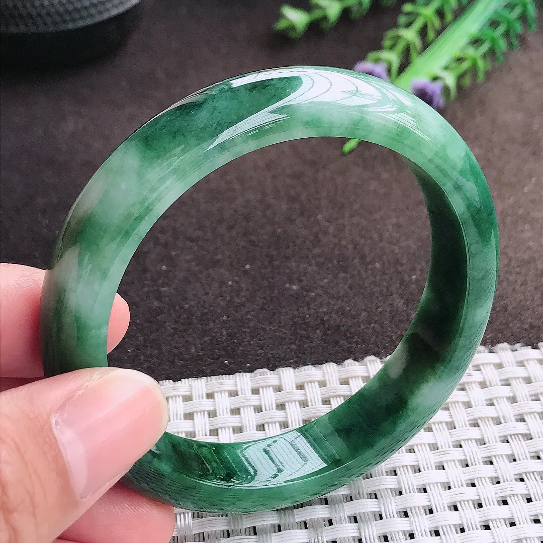 天然a货翡翠56.5/12.7/8老坑精美温润飘花手镯宽边翡翠玉镯美人镯