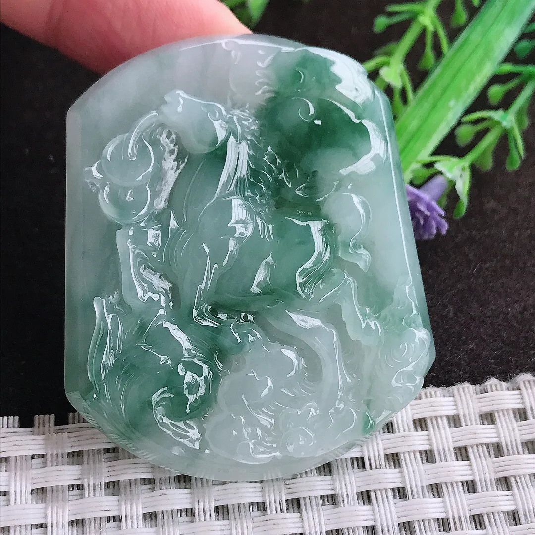 天然a货翡翠52.8/43.9/6.6老坑冰润起胶飘花马牌吊坠翡翠玉坠挂件百搭