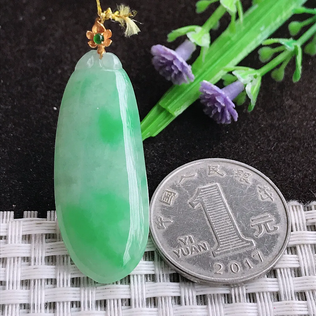天然a货翡翠39.5/15.8/4.5老坑18k金镶嵌飘阳绿福瓜吊坠翡翠玉坠挂件百搭