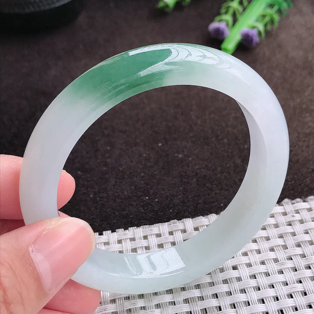 天然a货翡翠56/11.5/8.5老坑冰胶果冻半山水手镯宽边翡翠玉镯美人镯
