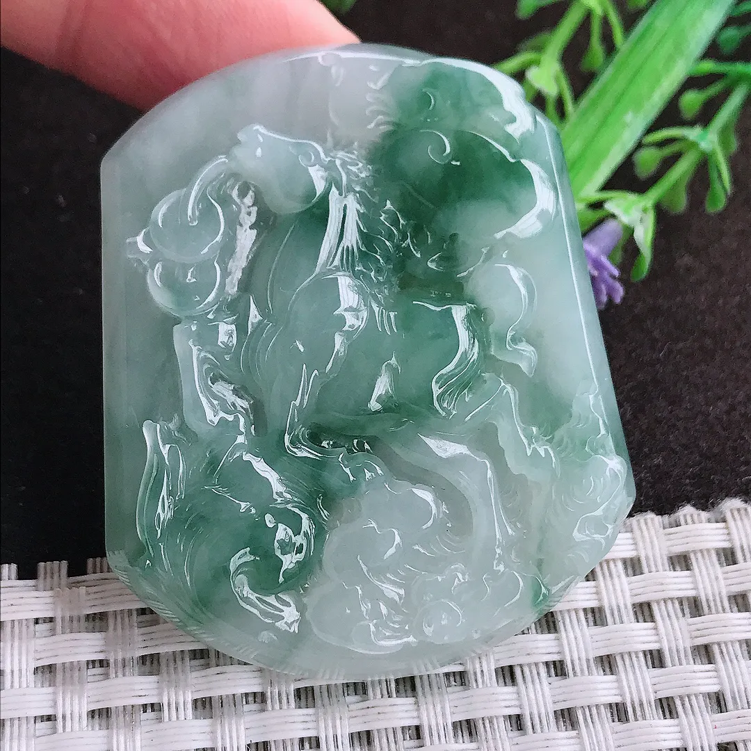 天然a货翡翠52.8/43.9/6.6老坑冰润起胶飘花马牌吊坠翡翠玉坠挂件百搭