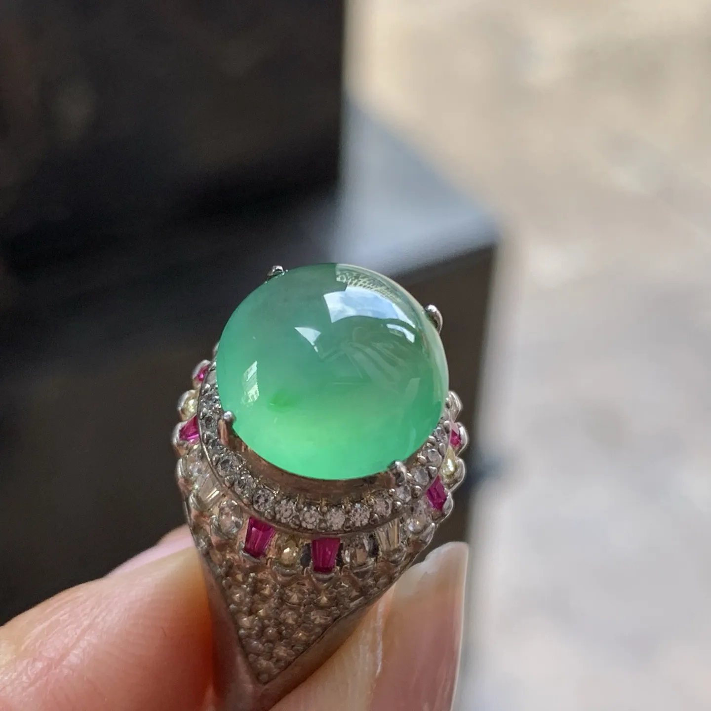 冰飘绿戒面^_^冰绿清透 铜拖