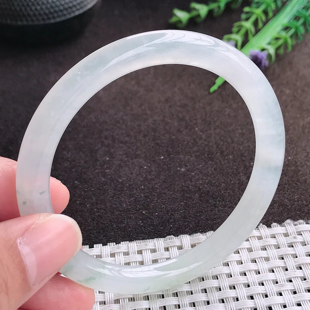 天然a货翡翠58.5/7.2/8老坑冰透起胶飘花圆条手镯翡翠玉镯美人镯
