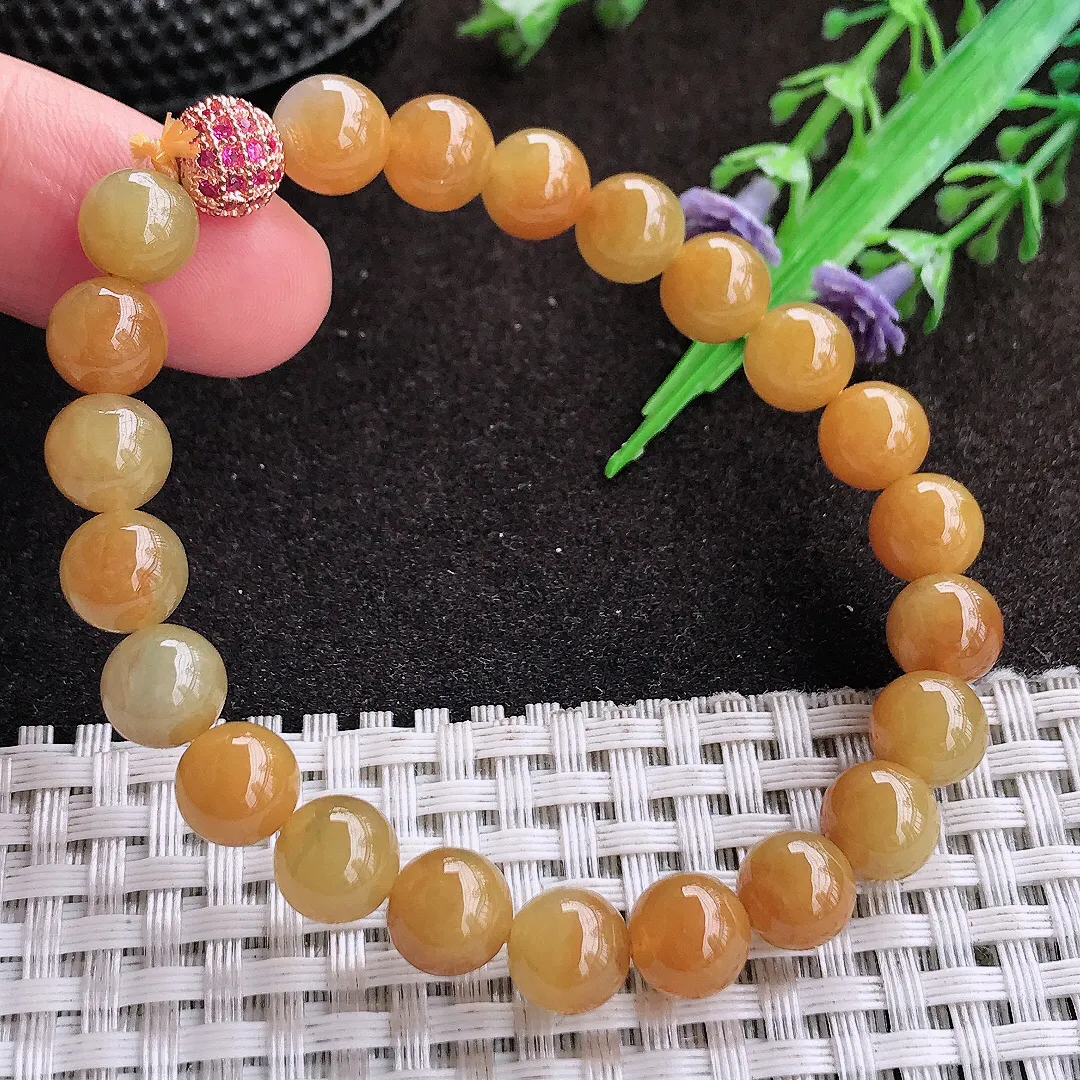 天然a货翡翠8/22颗老坑精美冰润辣色鸡油黄黄翡圆珠手链玉珠手串