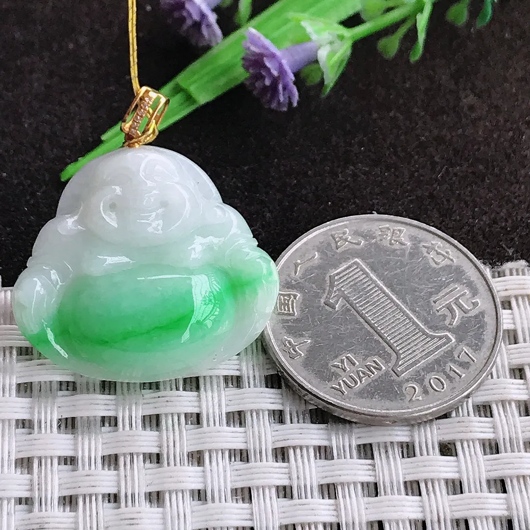 天然a货翡翠24/26.7/5.8老坑18k金镶嵌温润飘阳绿佛公吊坠翡翠玉坠挂件百搭