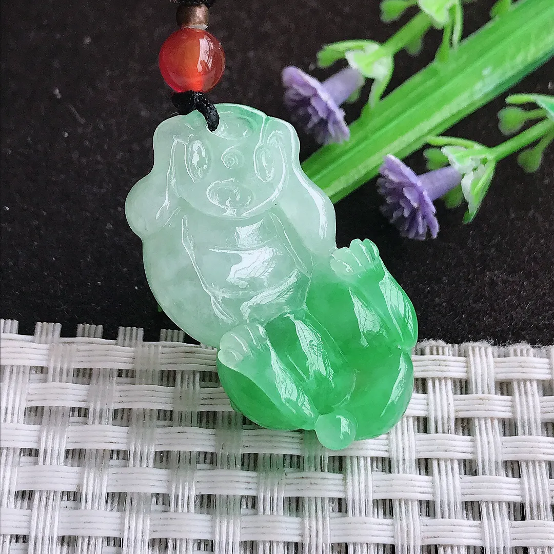 天然a货翡翠34.5/19/11.6老坑精美辣阳绿霸王貔貅吊坠翡翠玉坠挂件百搭