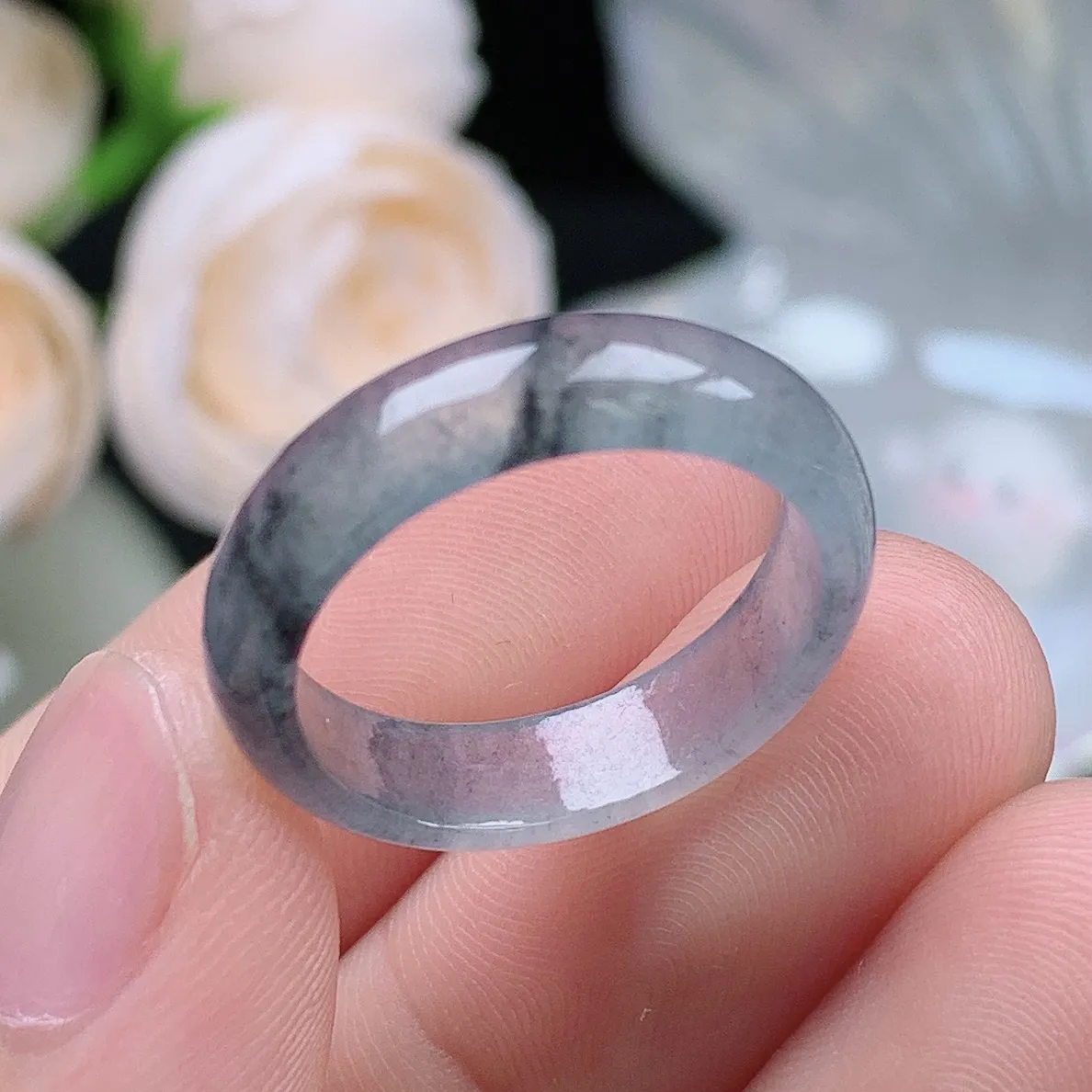 缅甸翡翠老坑冰种水润起胶冰乌鸡戒指玉指环  水润通透 尺寸：18.3-5.4-2.8mm 18号圈口2S