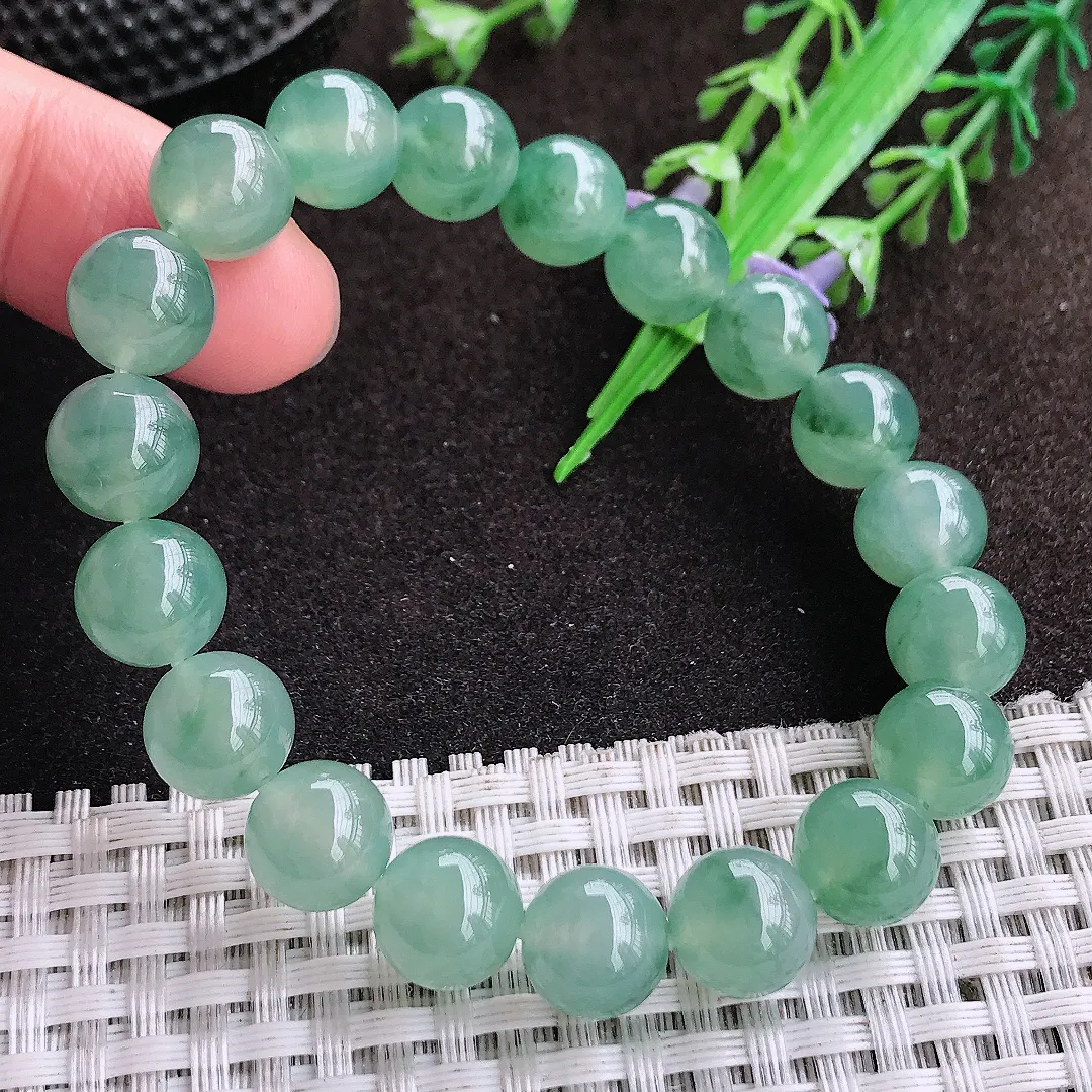 天然a货翡翠9.9/19颗颗老坑冰种果冻胶冰晴满绿圆珠手链玉珠手串