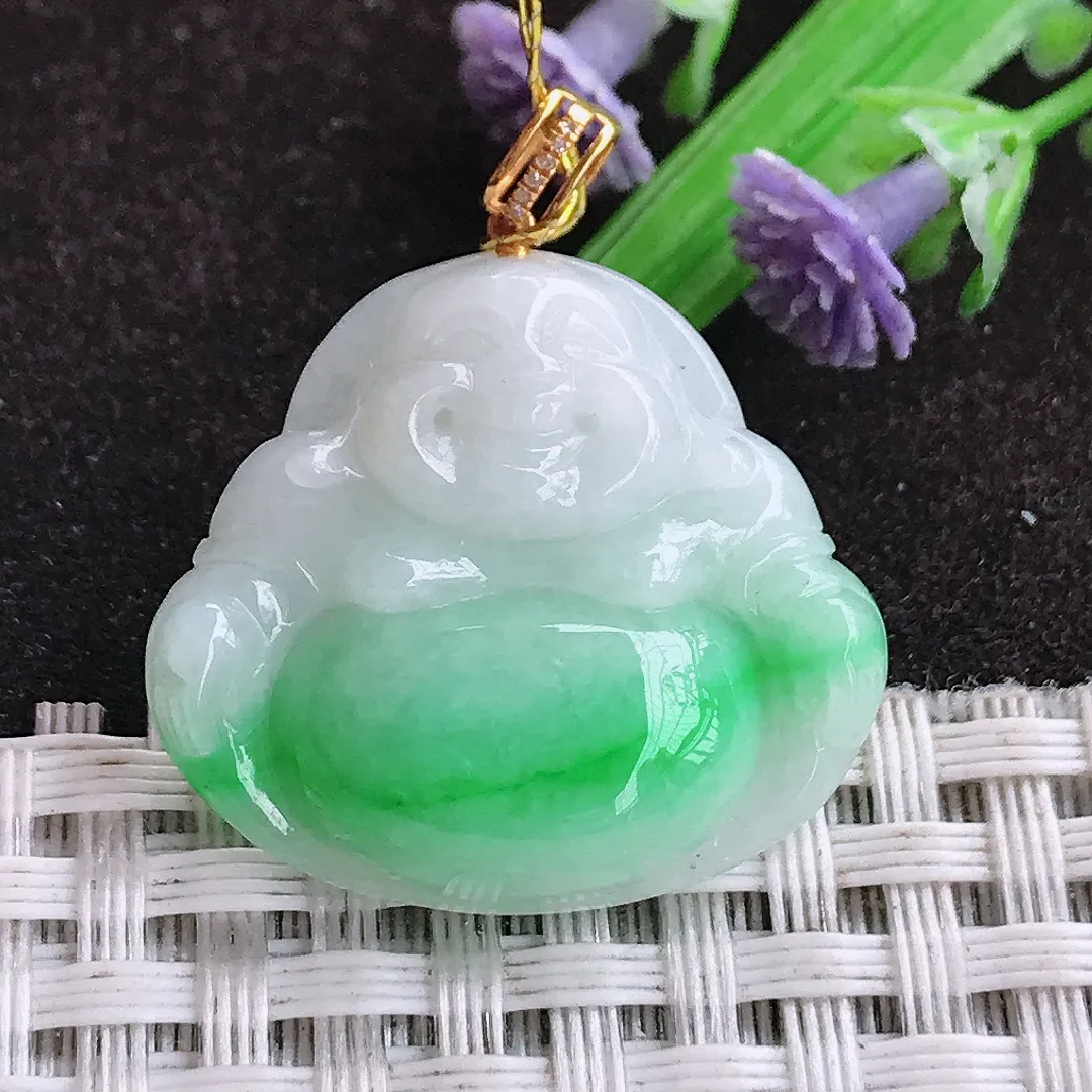 天然a货翡翠24/26.7/5.8老坑18k金镶嵌温润飘阳绿佛公吊坠翡翠玉坠挂件百搭