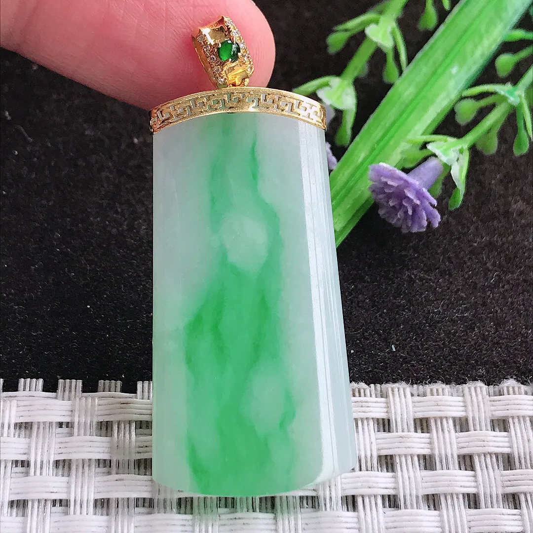 天然a货翡翠39.5/20.5/3.8老坑18k金镶嵌飘阳绿无事牌吊坠翡翠玉坠挂件百搭