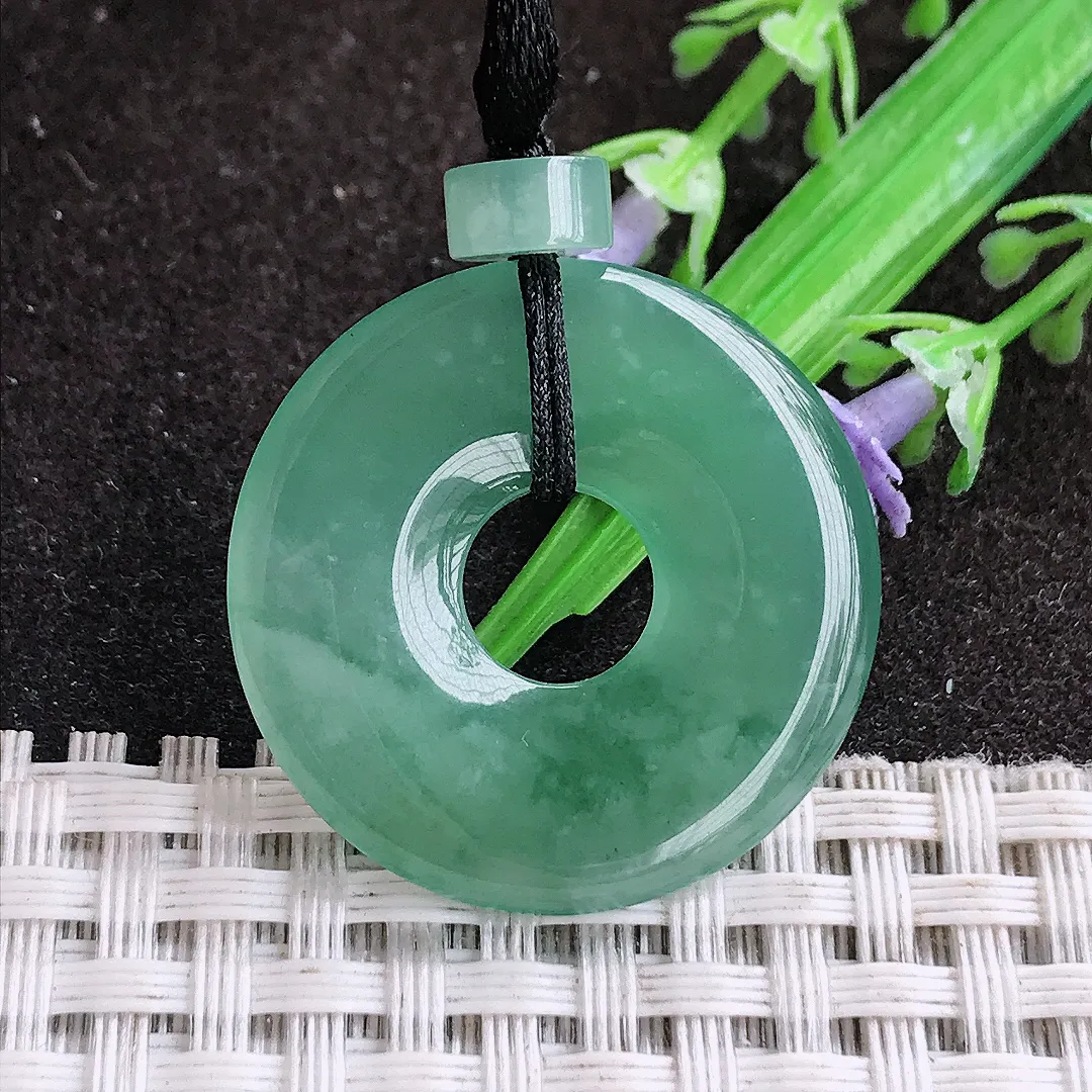 天然a货翡翠28.6/3.8老坑冰胶果冻满色飘花玉环吊坠翡翠平安环挂件百搭