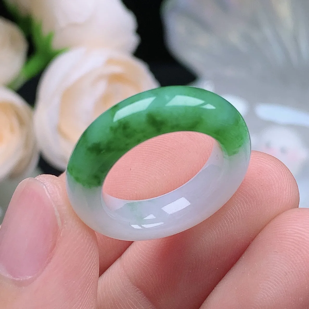 缅甸翡翠老坑种水润半山水飘阳绿戒指玉指环  水润通透 尺寸：16-5.9-4.6mm 11号圈口2S