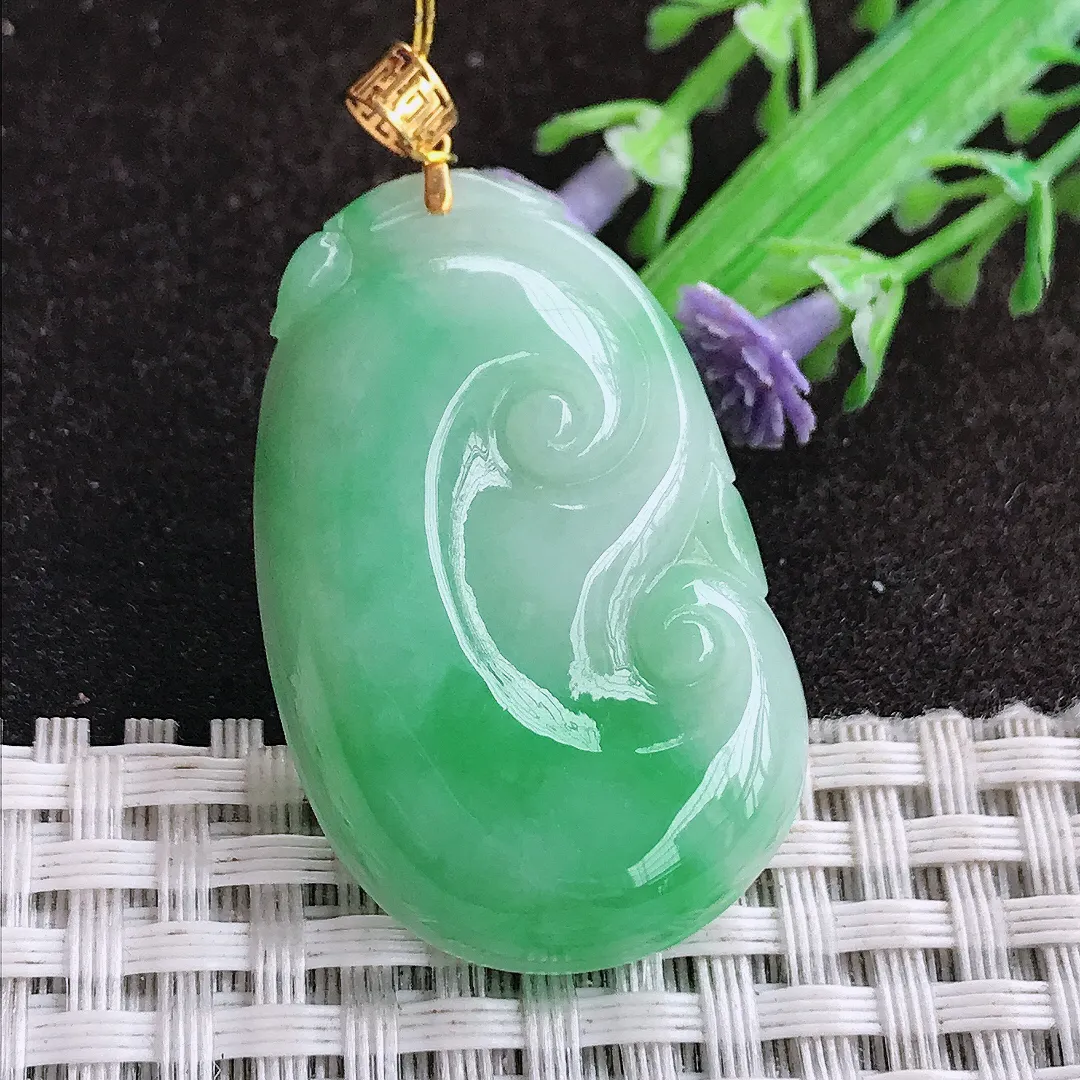 天然a货翡翠38/24.3/5.6老坑18k金镶嵌飘阳绿如意吊坠翡翠玉坠挂件百搭